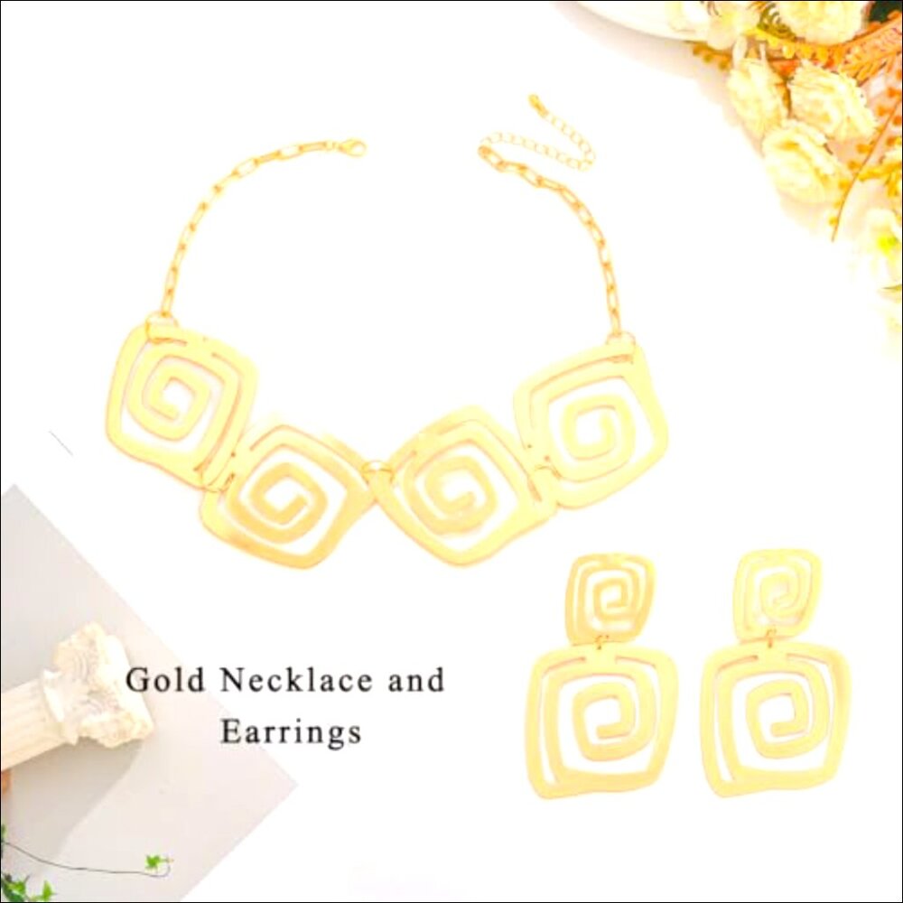 Geometric Alloy Necklace and Earrings Set, Adjustable Vintage Chunky Jewelry